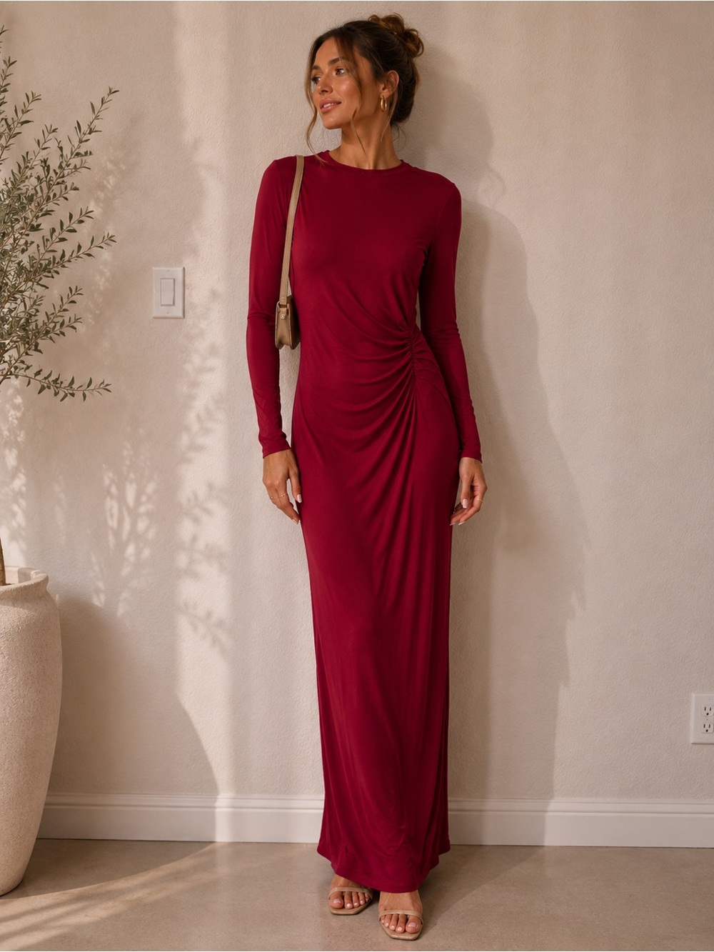 Elegant  Ruched Long Sleeve Maxi Dress | Figure-Flattering Evening & Event Dress